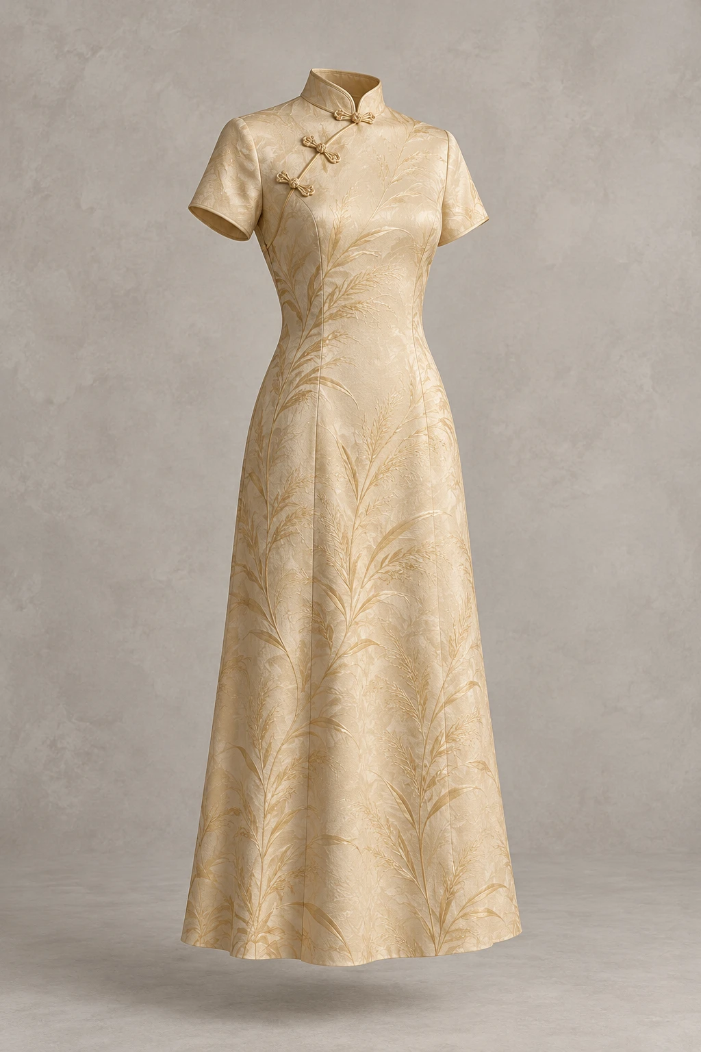 Pale Gold Golden Reed Midi Qipao, short sleeves, a-line silhouette