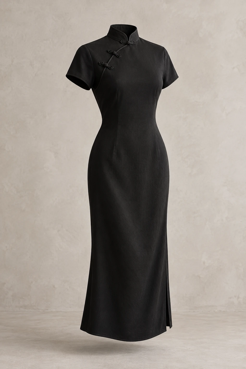 Ink Black Ink Willow Midi Qipao, short sleeves, fitted silhouette