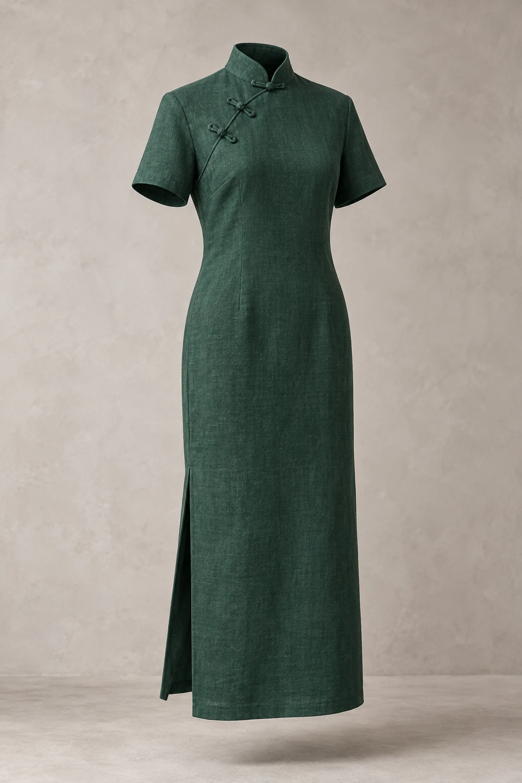 Deep Jade Jade Line Midi Qipao, short sleeves, straight silhouette