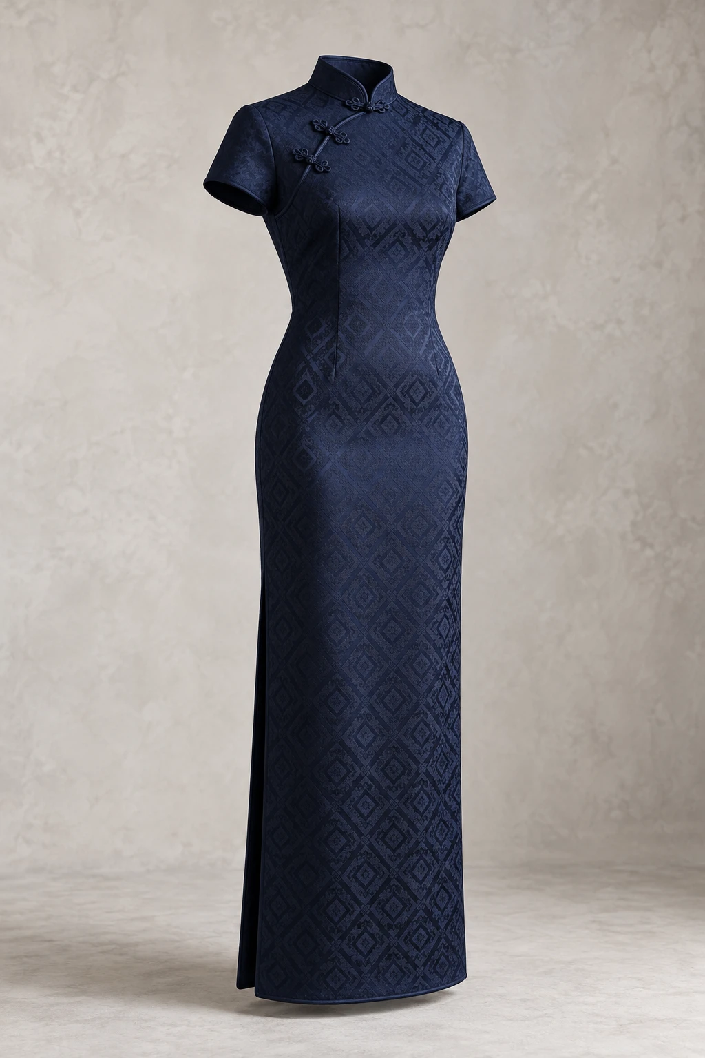 Midnight Navy Midnight Jacquard Maxi Qipao, short sleeves, fitted silhouette