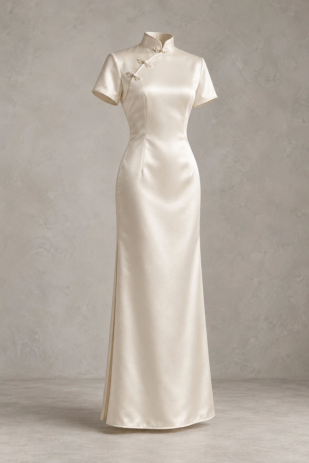 Pearl Moonlit Pearl Maxi Qipao, short sleeves, gently fitted silhouette