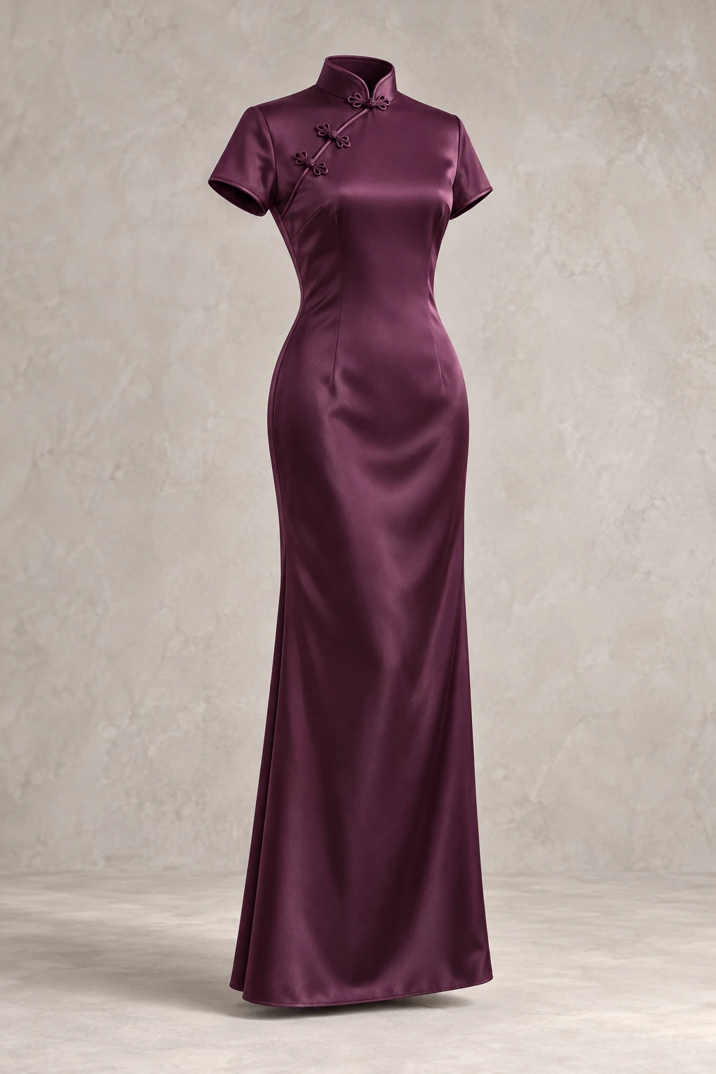 Plum Plum Evening Maxi Qipao, short sleeves, fitted silhouette