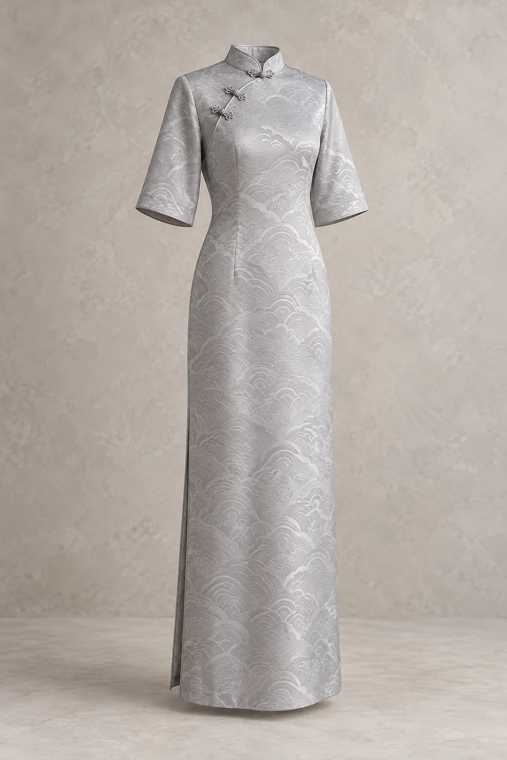 Silver Grey Silver Cloud Maxi Qipao, elbow sleeves, straight silhouette